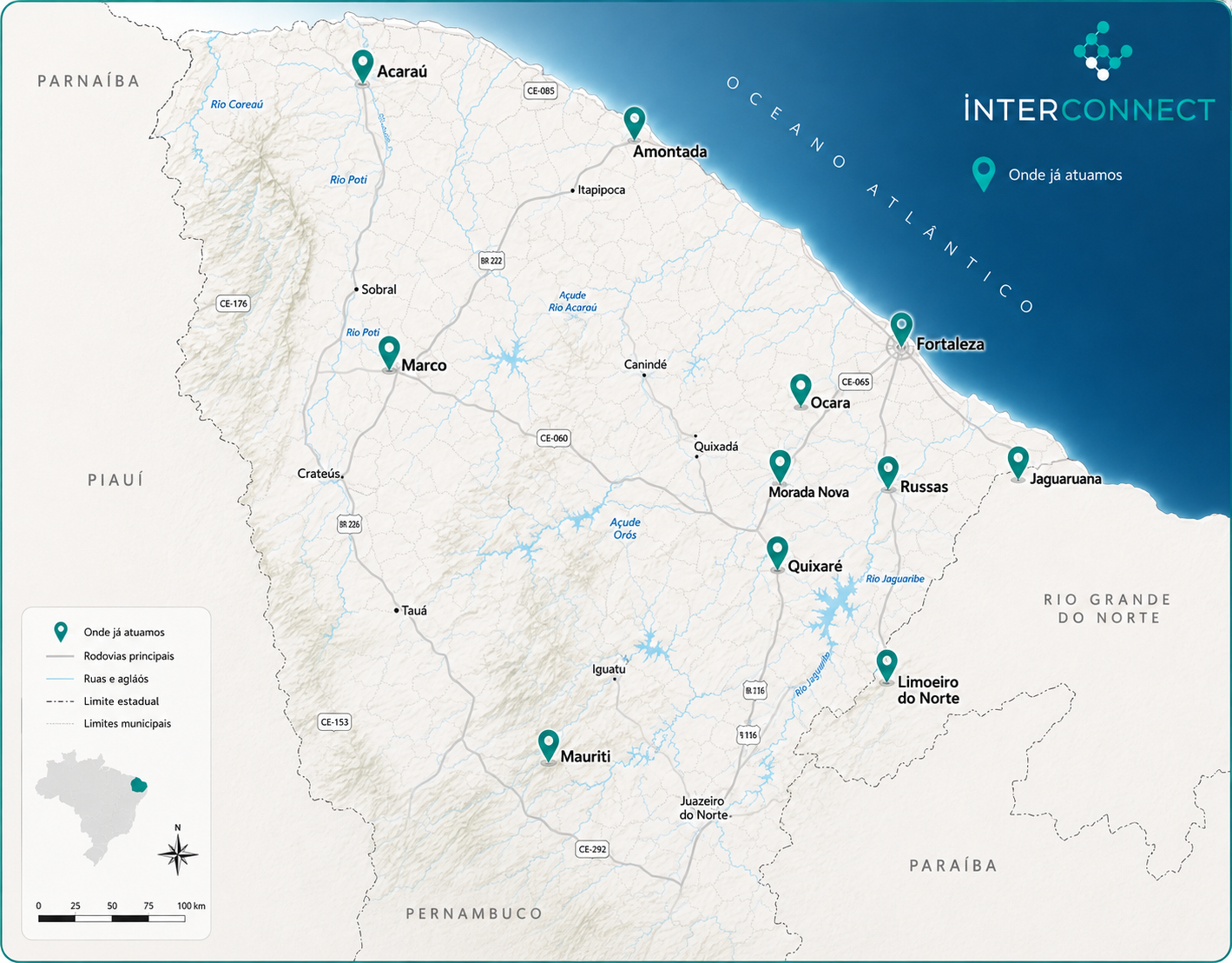 Mapa com os municípios do Ceará atendidos pela Interconnect